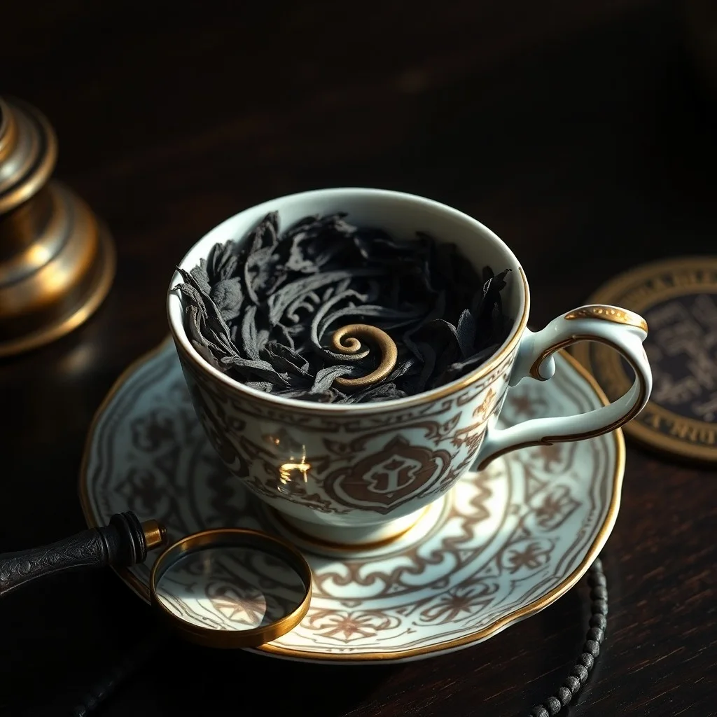 Antique wooden desk with a journal, magnifying glass, and teapot, symbolizing the study of ancient divination.