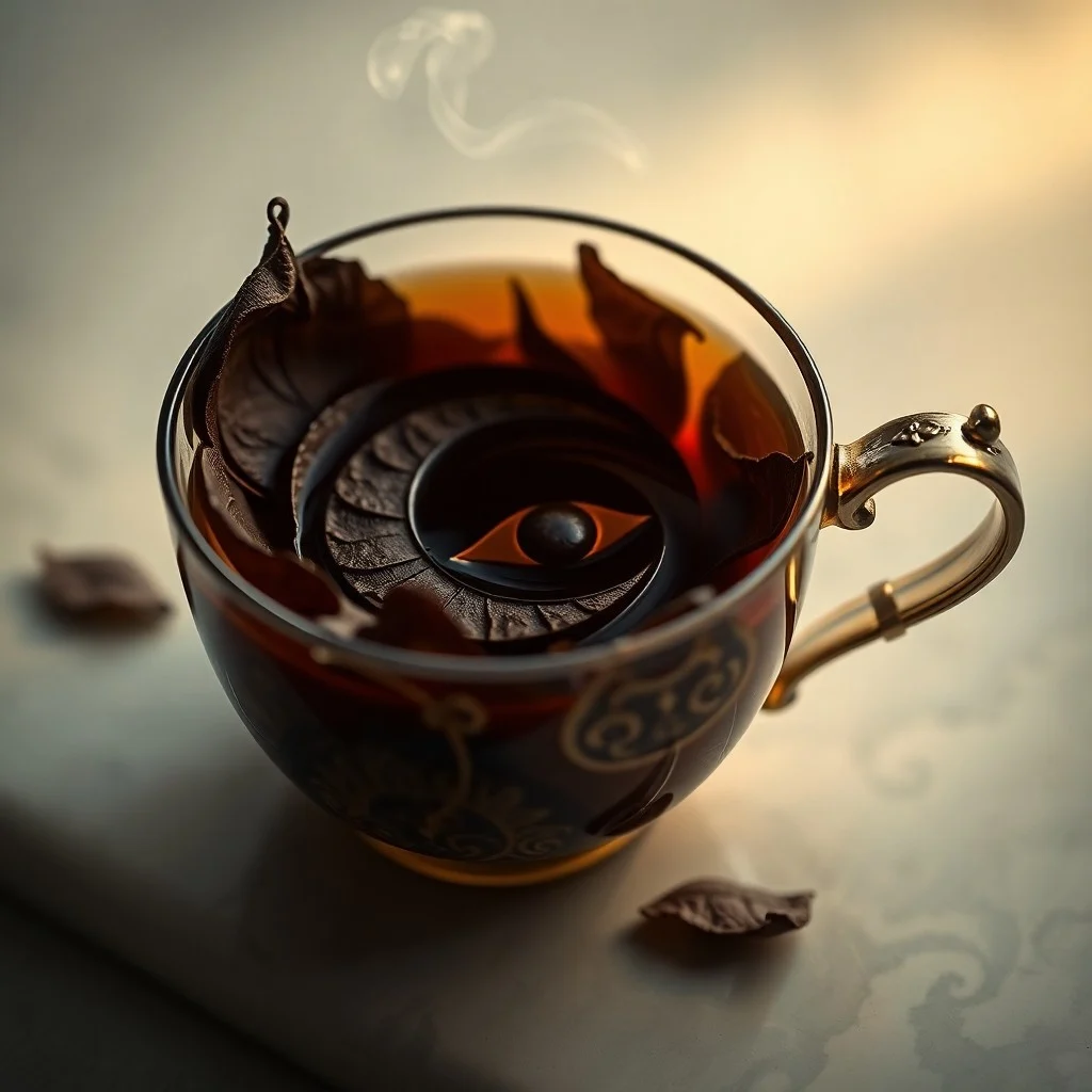 Oil painting of abstract tea leaf formations swirling in a teacup, illuminated by soft light, evoking mystical contemplation.