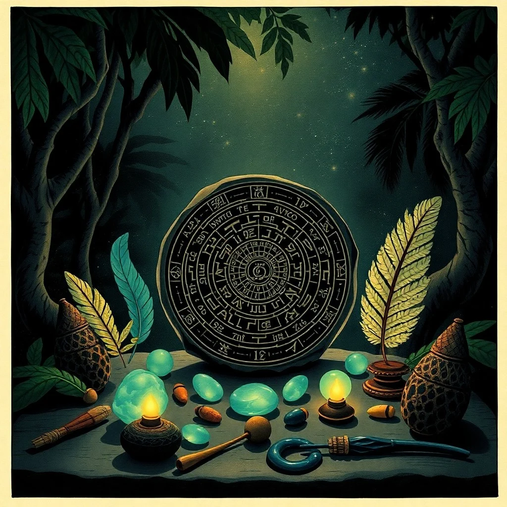 Pintura de acuarela de varios glifos mayas (Ik', Akbal, Kan, Chicchan) sobre un pergamino envejecido, con colores vibrantes y terrosos.