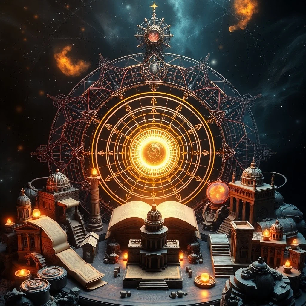 Globo celestial antiguo con cartas astronómicas y herramientas de observación, iluminado por un rayo de luz.