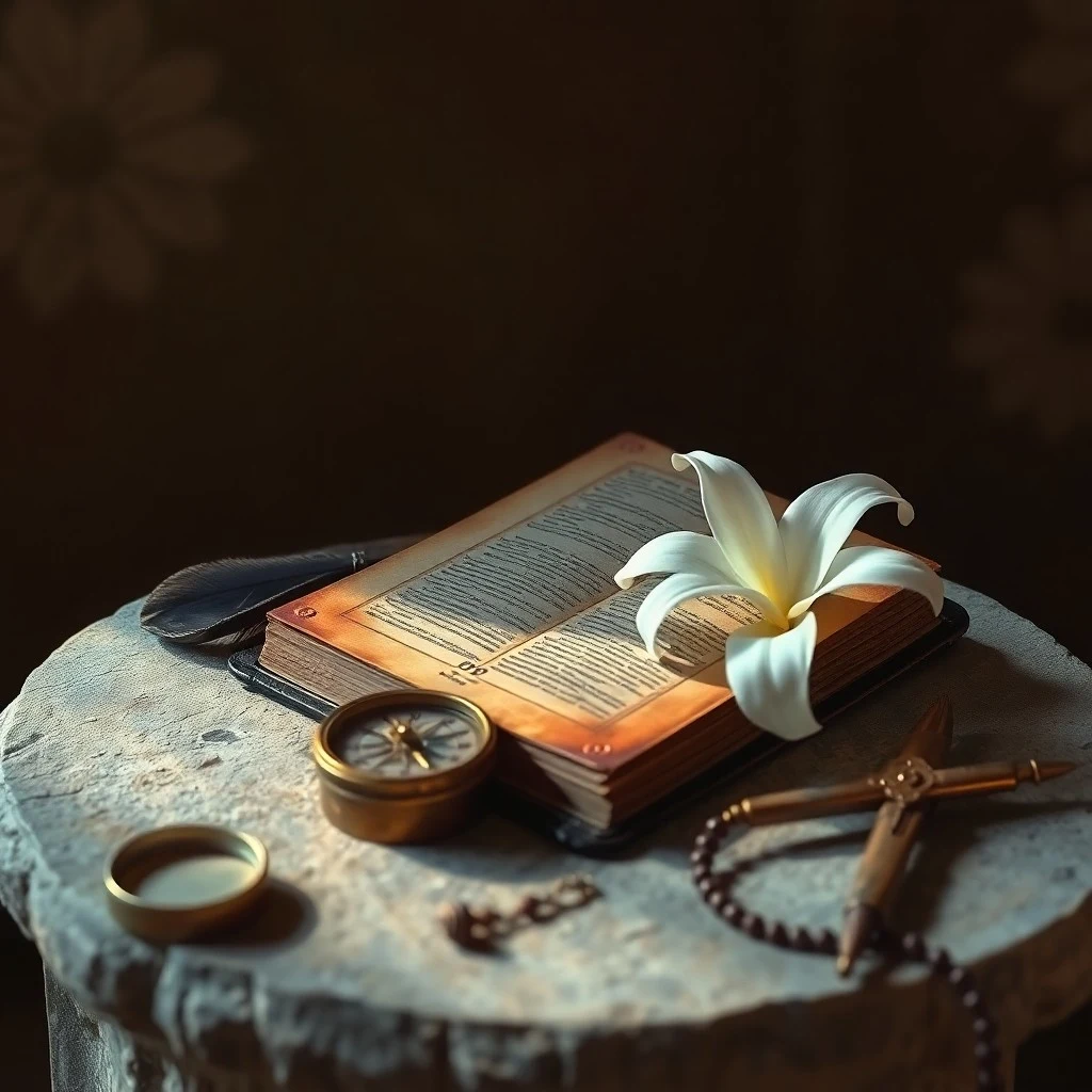 Papiro antiguo con inscripciones divinas y una vela encendida en un escritorio de madera