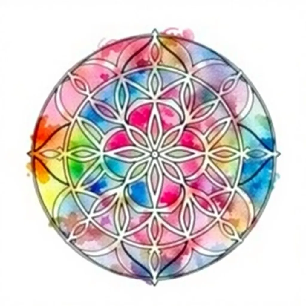 Detailed watercolor painting of the 'Flower of Life' symbol, rendered with vibrant, flowing colors and subtle gradients, suggesting organic growth and interconnectedness. Focus on the intricate overlapping circles with a soft, spiritual aura.