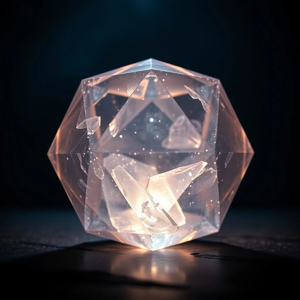 Cinematic photograph of a dodecahedron crystal structure, illuminated by soft, mystical light against a dark, cosmic background. Emphasize the precise angles and reflective surfaces, conveying ancient wisdom and elemental connection. Macro shot.