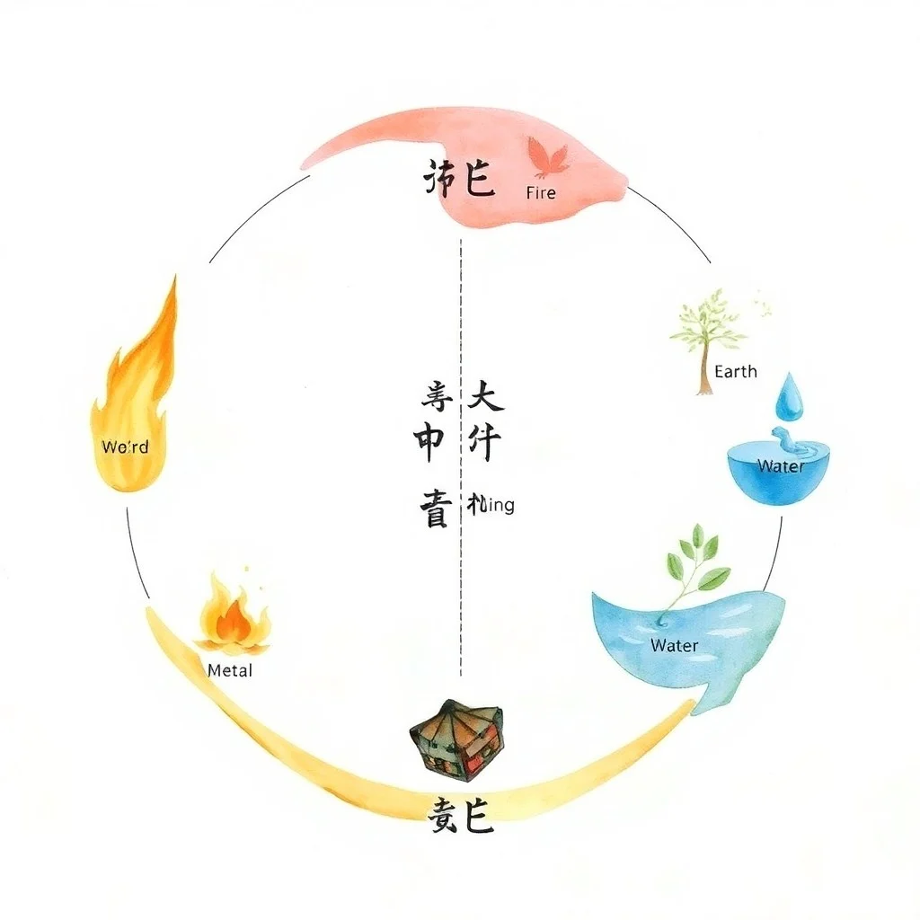 Watercolor painting illustrating the interconnected Sheng and Ke cycles of the Five Chinese Elements.