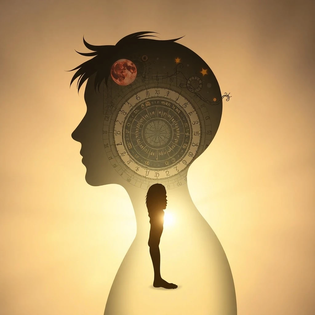 Conceptual art depicting a human silhouette with translucent layers of astrological charts and elemental symbols, representing personality depth.