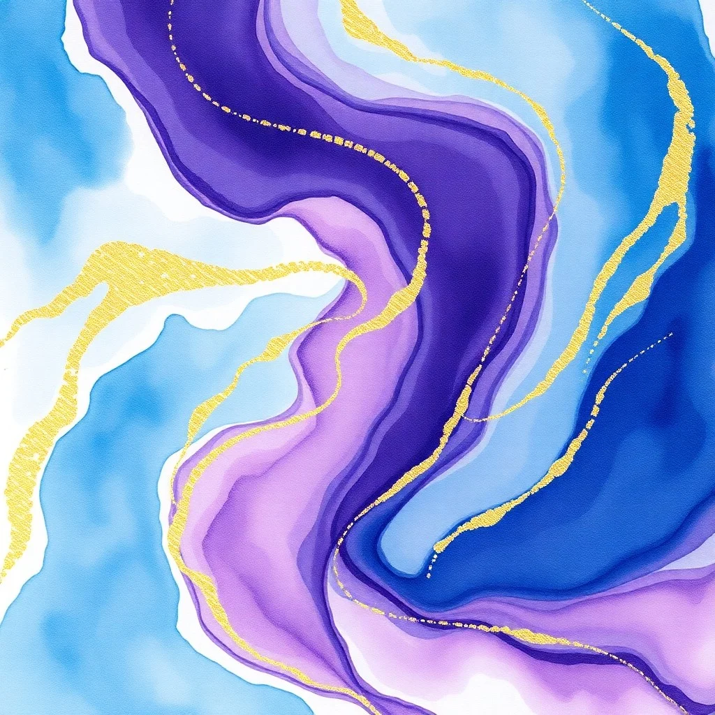 Abstract watercolor painting with swirling patterns of blues, purples, and golds, representing healing energy and inner peace.