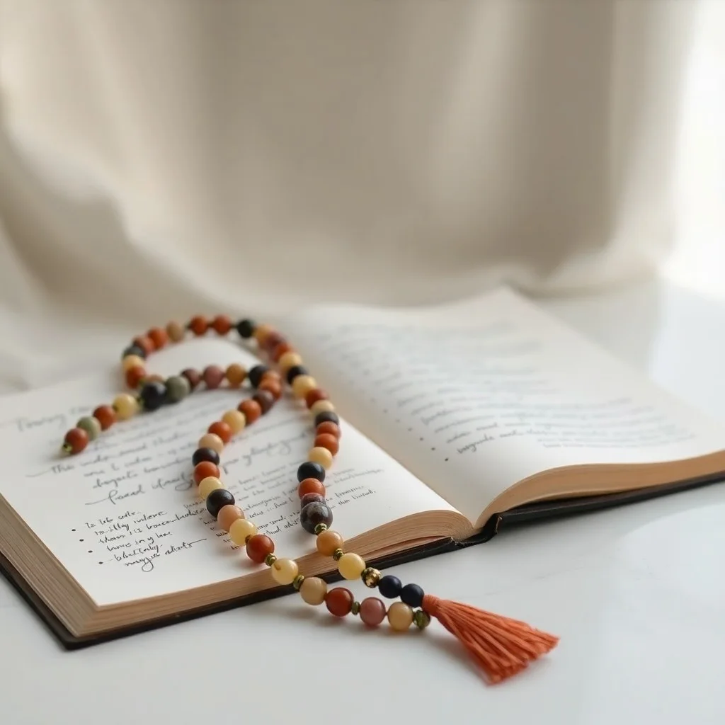 A mala bead necklace next to a journal with handwritten affirmations, symbolizing meditation and self-reflection.