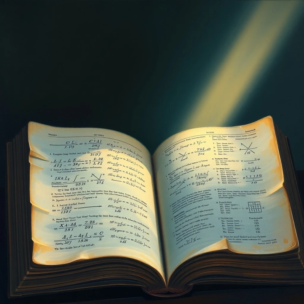 Pintura al óleo de un libro de texto antiguo con ecuaciones algebraicas, iluminado por una luz suave, simbolizando el conocimiento y el legado educativo.