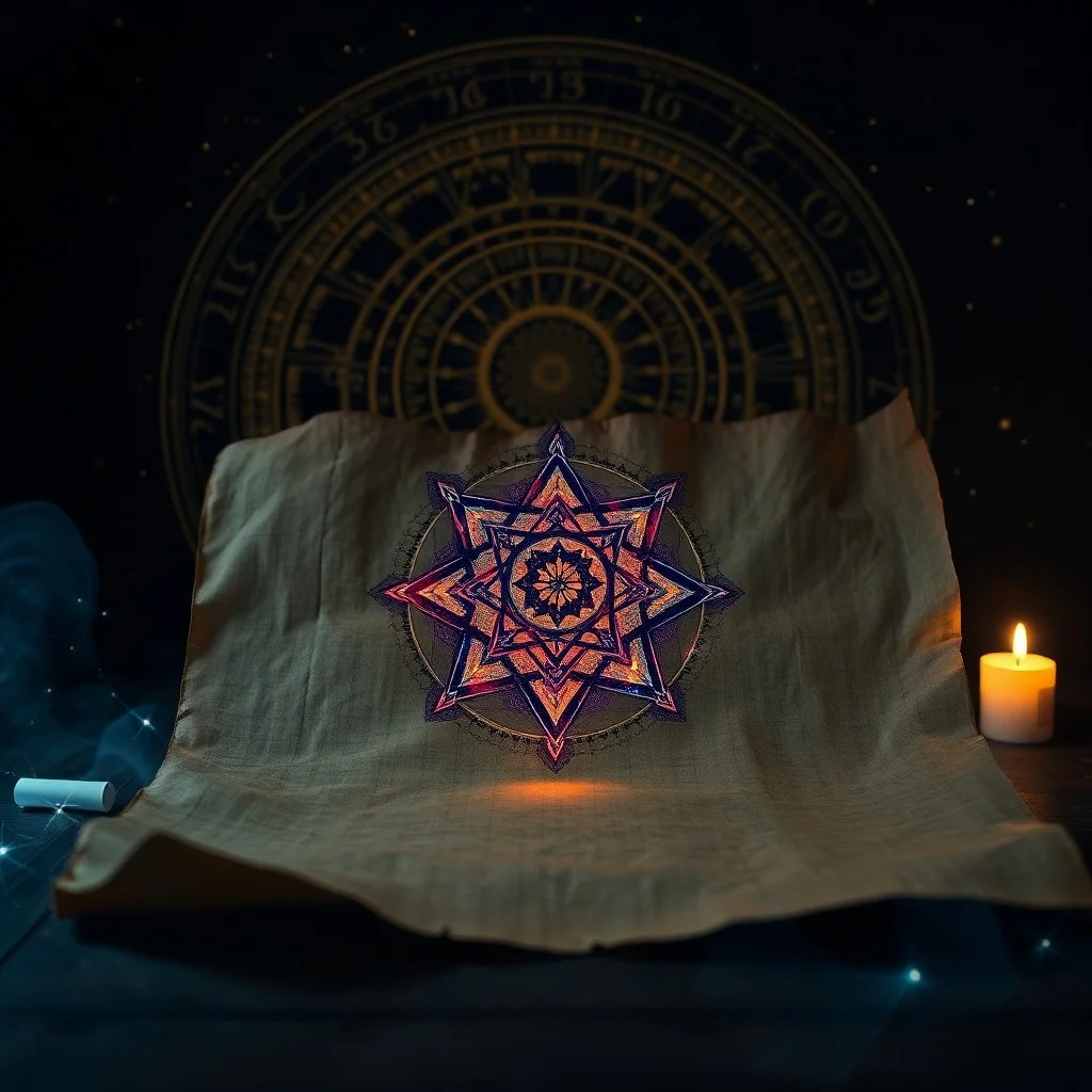 Fotografía cinematográfica de un antiguo grimorio de cuero abierto mostrando sigilos dibujados a mano, junto a una pluma de ave y un vial de tinta brillante, iluminado por una vela parpadeante en un escritorio de madera.