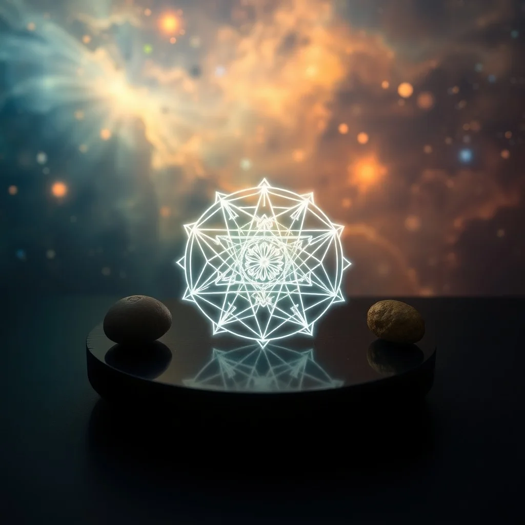 Arte conceptual de una delicada esfera de cristal con polvo cósmico arremolinándose, reflejando una galaxia lejana, sobre un pedestal de cristales en bruto, simbolizando la energía activada y la manifestación.