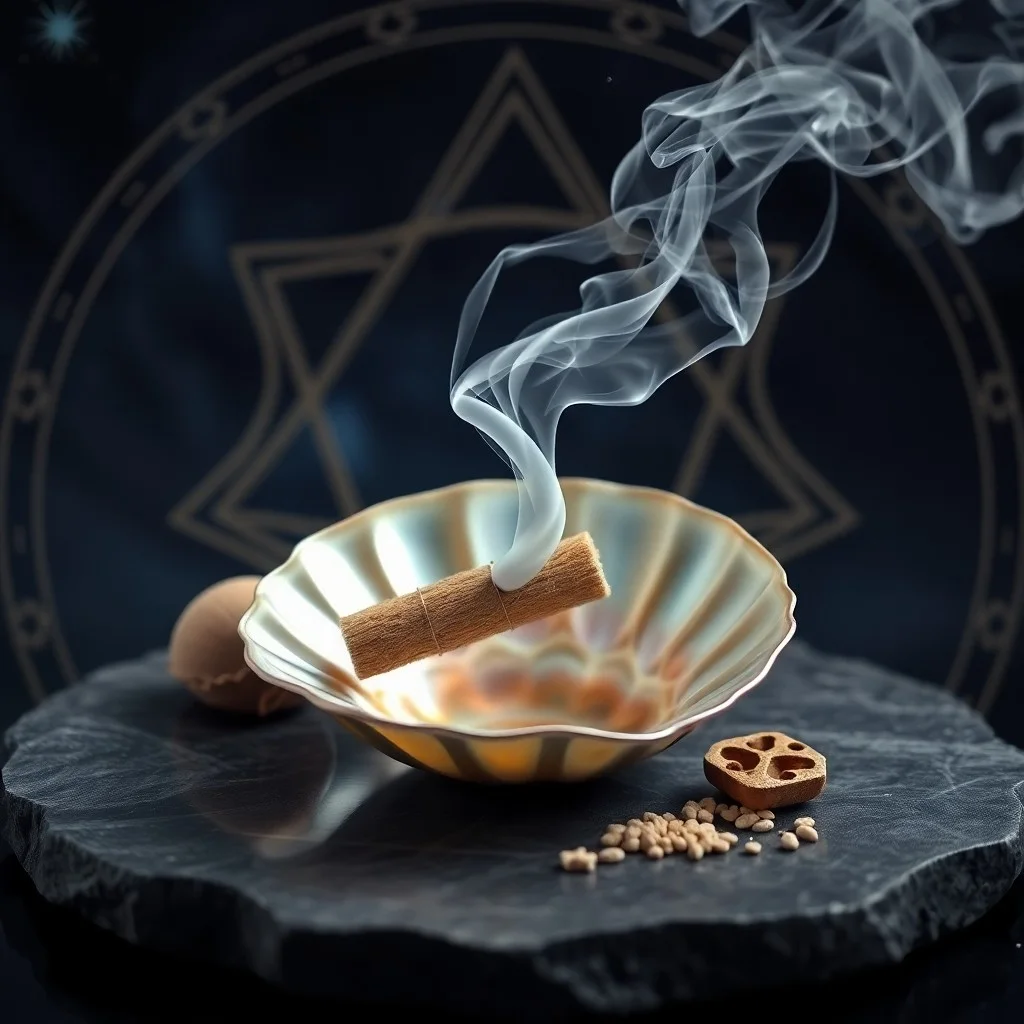 A 3D render of various dried sacred herbs like lavender, rosemary, cedar, and sweetgrass braids, arranged on a rustic wooden altar with ethereal lighting.