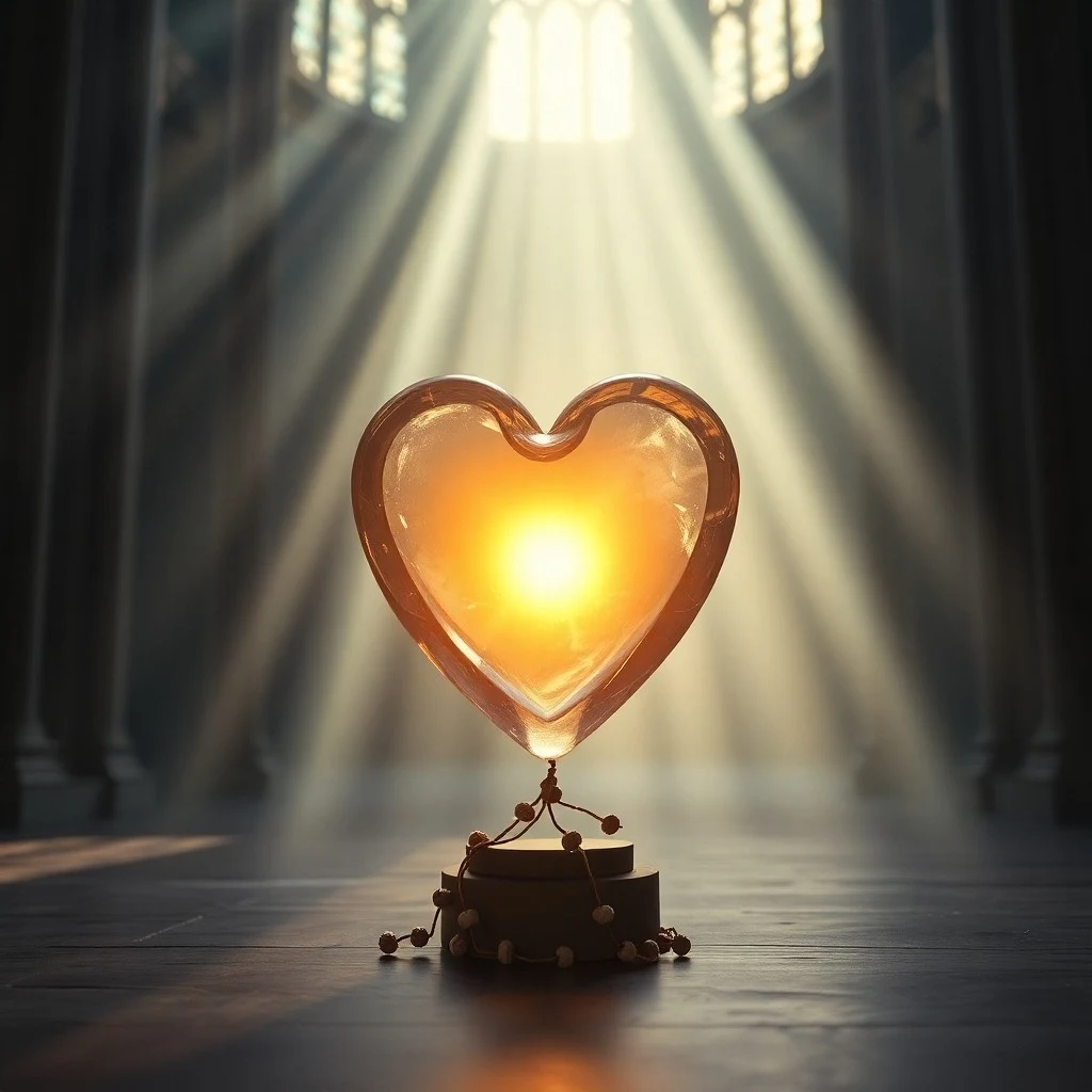 Primer plano de un antiguo libro de oraciones abierto con una imagen del Sagrado Corazón, un rosario de madera y la suave luz de una vela.