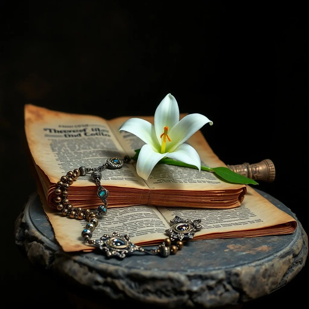 Un antiguo libro sagrado abierto, con páginas que emiten un resplandor etéreo, y una delicada pluma de luz flotando a su lado, simbolizando la gracia divina y la sabiduría celestial.