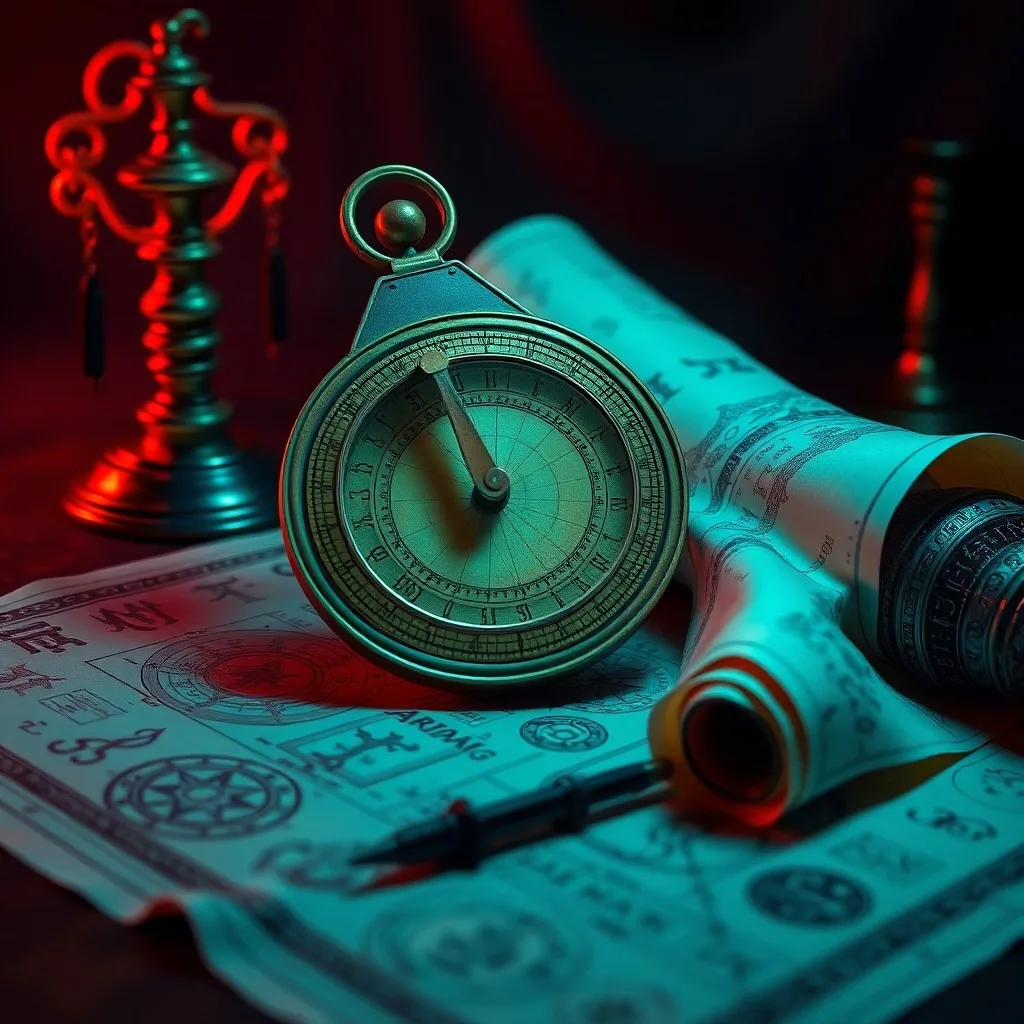 Ancient parchment scroll with glowing astrological symbols and a silver key, symbolizing soul contracts.