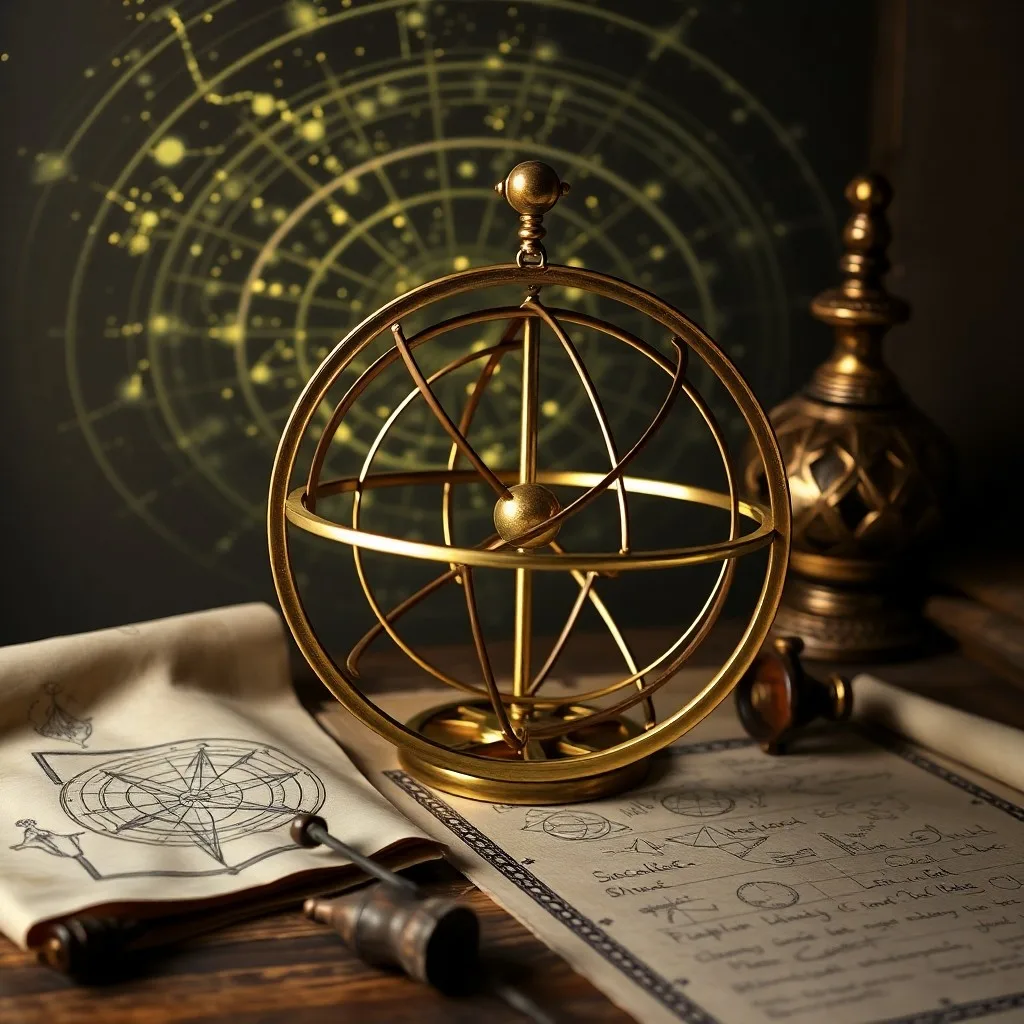 Bodegón cinematográfico de un globo celestial antiguo sobre libros de astrología, iluminado por la luna, con un pergamino desplegado. Evoca sabiduría y búsqueda de conocimiento.