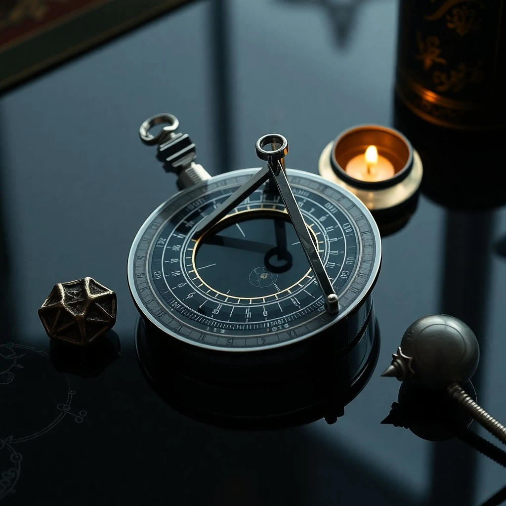 Naturaleza muerta cinematográfica de un diario de sueños antiguo, encuadernado en cuero, abierto sobre un escritorio de madera desgastado, iluminado por el suave resplandor de un globo celestial vintage. Esparcidos alrededor hay cartas astrológicas, una pluma de ave y un cristal pulido, creando una atmósfera de profunda contemplación y descubrimiento. Texturas ricas, iluminación cálida.