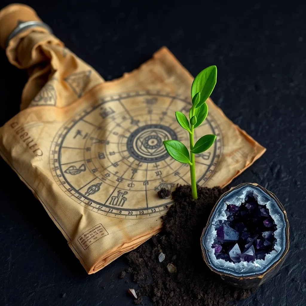Digital illustration of a stylized seed sprouting into a glowing tree, with roots around a crystalline sphere, symbolizing astrological growth and potential.