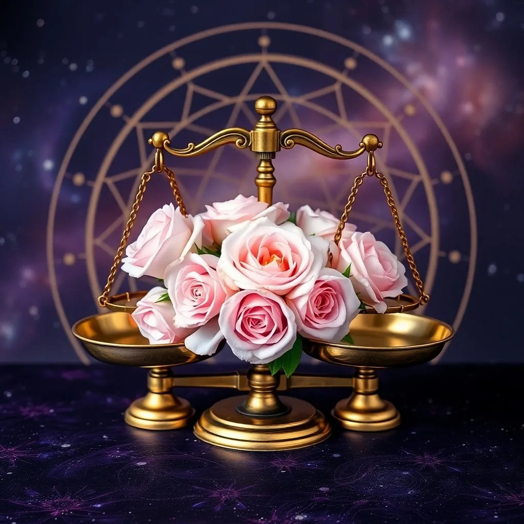 Cinematic still life of an antique brass scale with rose petals and a quill, symbolizing Libra's appreciation for beauty and balanced judgment.