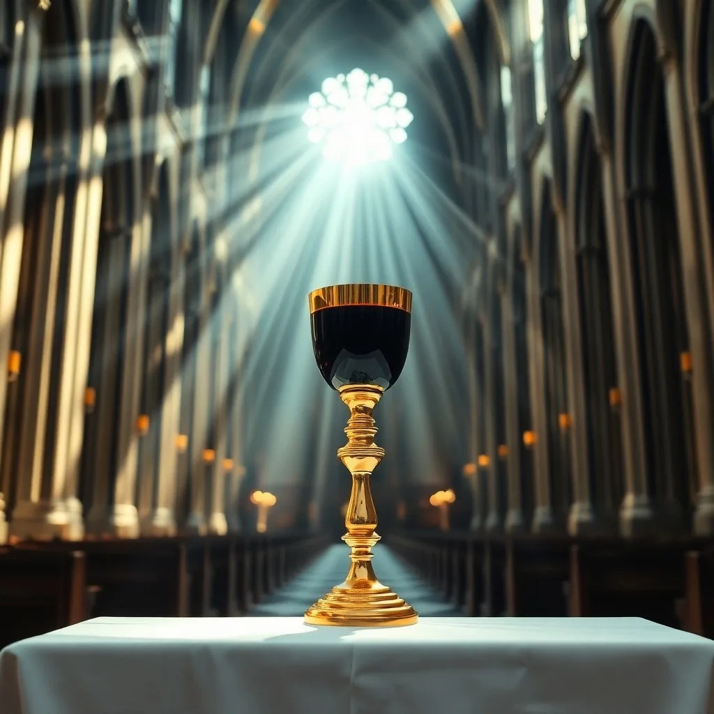 Bodegón cinematográfico de un misal antiguo abierto sobre un altar de madera, con un solo haz de luz iluminando una hostia y cuentas de rosario a su lado, evocando una atmósfera sagrada.