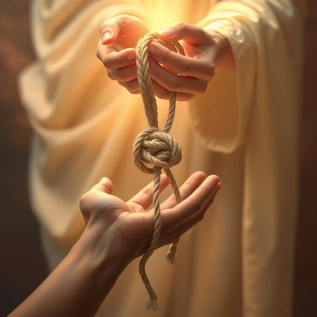 Manos humanas ofrecen una cinta anudada a manos etéreas que comienzan a desatarla, simbolizando la entrega de problemas a la intercesión divina.