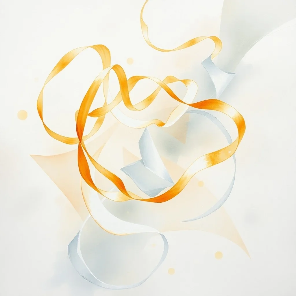 Pintura abstracta de cintas de colores claros que se desenredan y fluyen, simbolizando la liberación y la paz interior.