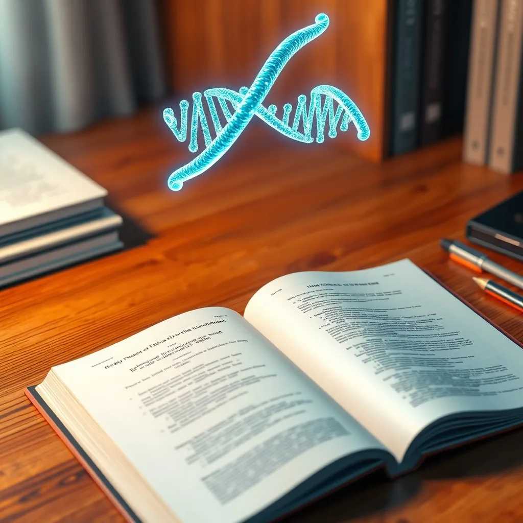 Escritorio de madera con un libro abierto y una proyección holográfica de una molécula de ADN flotando sobre él.