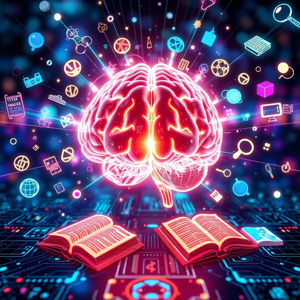 Representación abstracta de información digital que fluye hacia un modelo de cerebro transparente, rodeado de iconos educativos.