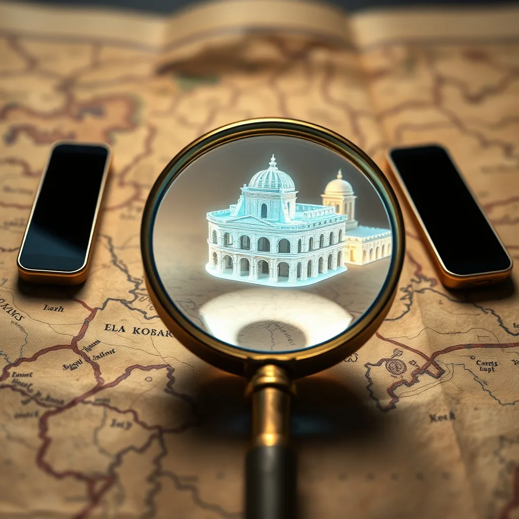 Fotografía macro de una lupa antigua sobre un mapa arqueológico, con tabletas digitales mostrando reconstrucciones holográficas de estructuras antiguas.