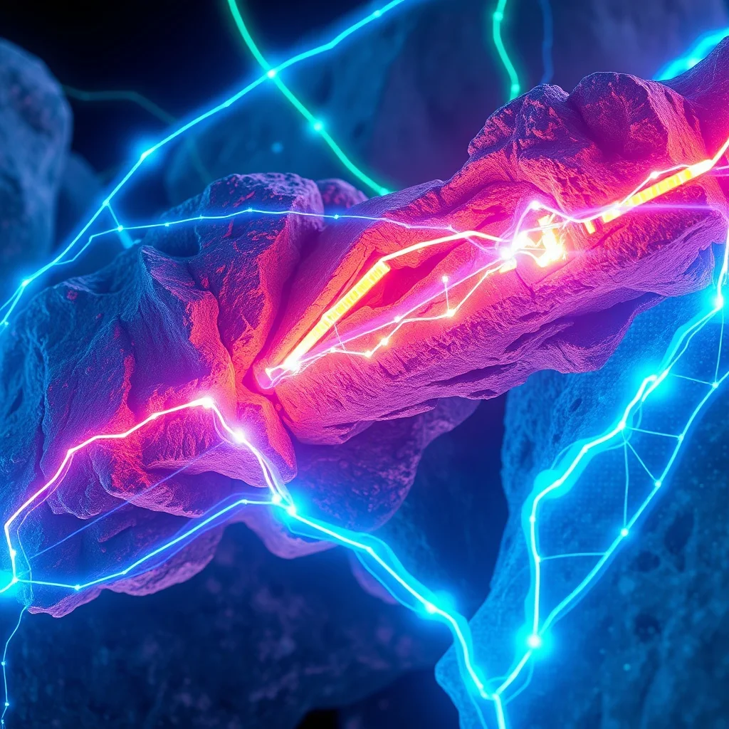 Renderizado 3D abstracto de flujo de datos y capas históricas, con líneas digitales brillantes entrelazadas con fragmentos de piedra antigua.