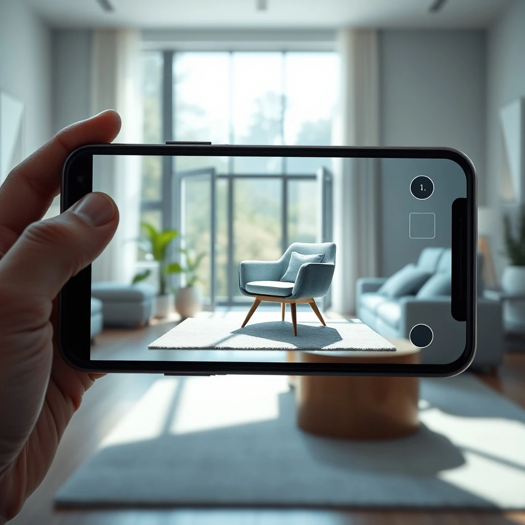 Sleek smartphone displaying a 3D augmented reality model of a piece of furniture in a real-world living room. Natural light highlights the digital overlay on the physical environment.