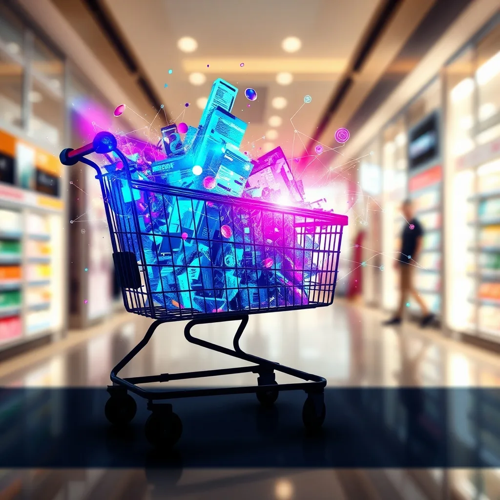 Conceptual art painting of a stylized shopping cart overflowing with glowing, abstract digital elements representing data, personalization, and virtual products. Blurred retail environment in the background.