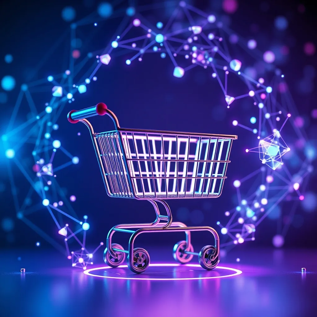 Renderizado 3D de formas geométricas abstractas que representan el flujo de datos y la conectividad alrededor de un icono estilizado de carrito de compras.