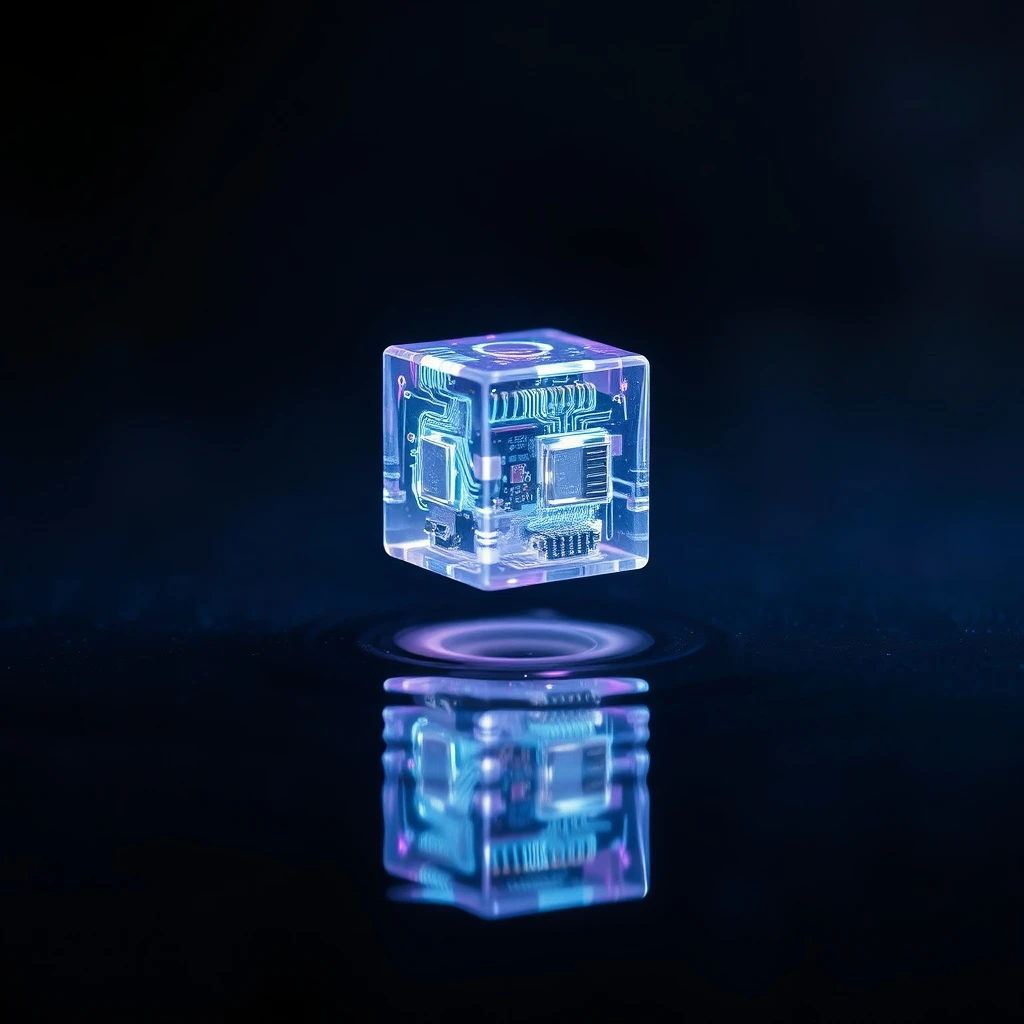 Cubo translúcido de luz con circuitos internos, flotando sobre una superficie reflectante con ondas, simbolizando el futuro y la ética de la tecnología.