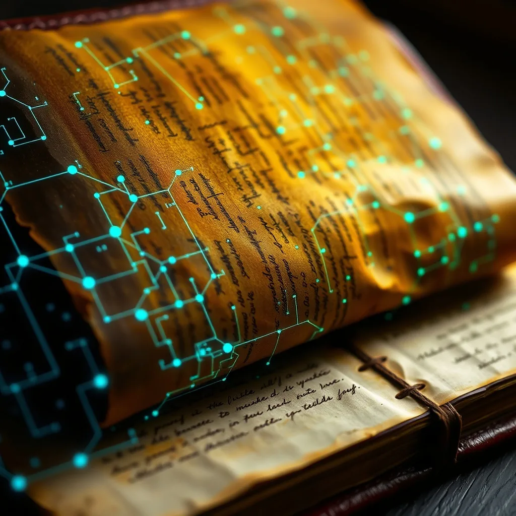 Primer plano de un antiguo diario médico con patrones de datos digitales superpuestos, enfatizando la confidencialidad del paciente.