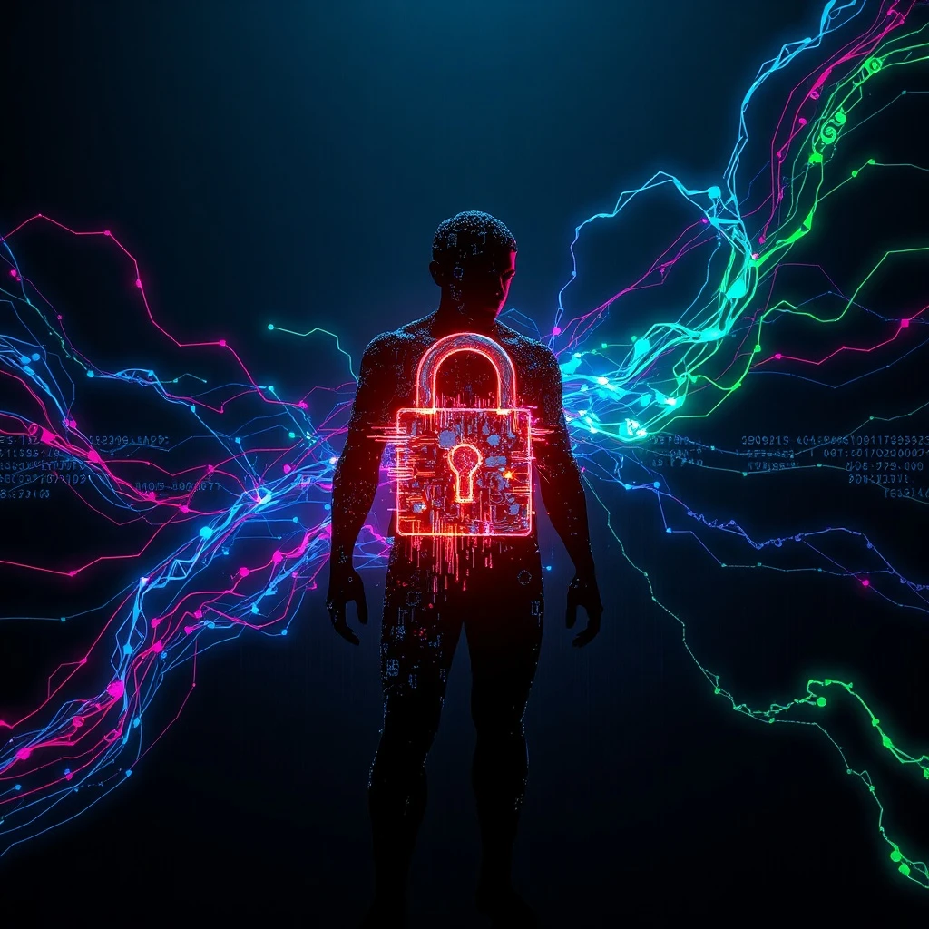 Pintura conceptual de una silueta humana fragmentada de píxeles, protegida por un candado digital, en medio de dilemas éticos abstractos.