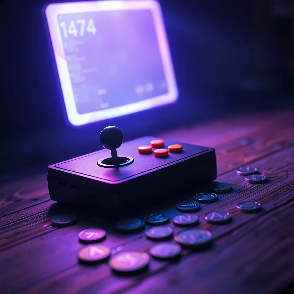Fotografía de bodegón de un joystick de arcade vintage sobre una mesa de madera, con monedas pixeladas y un resplandor de monitor, con iluminación tenue y poca profundidad de campo.