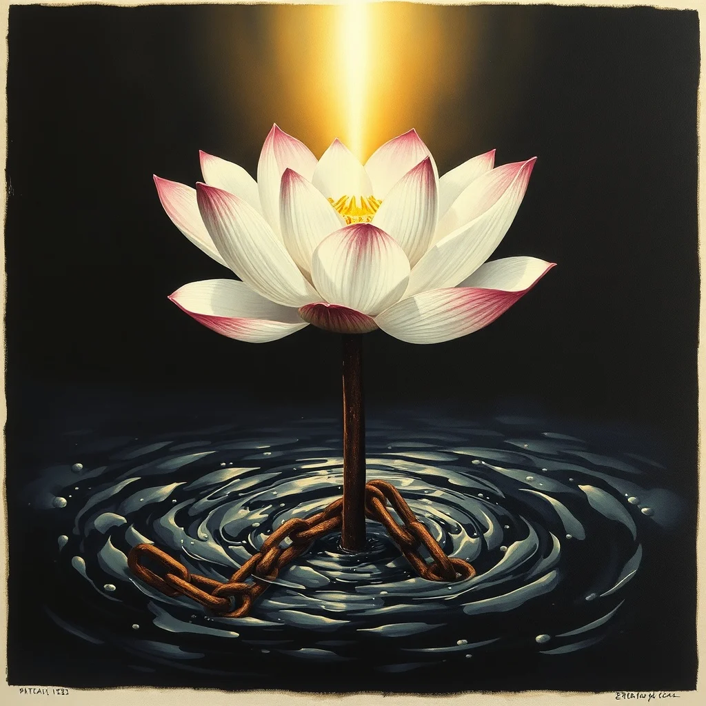 Pintura al óleo de una delicada flor de loto floreciendo de agua turbia, con cadenas rotas en su base, iluminada por una luz cálida desde arriba, simbolizando la recuperación y la superación de la adicción.