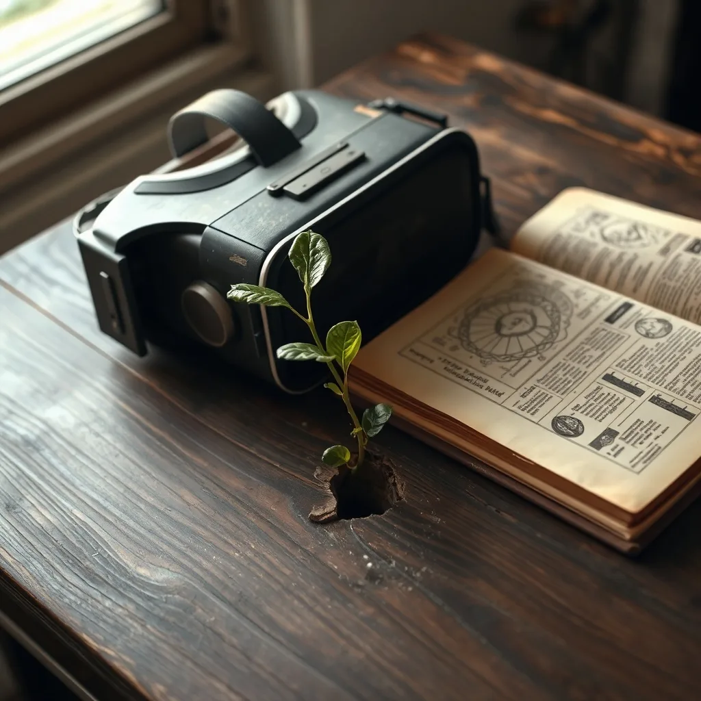 Casco de realidad virtual vintage sobre un escritorio de madera, junto a un diario científico abierto con diagramas complejos. Una planta delicada brota de una grieta, simbolizando crecimiento y curación a través de la tecnología.