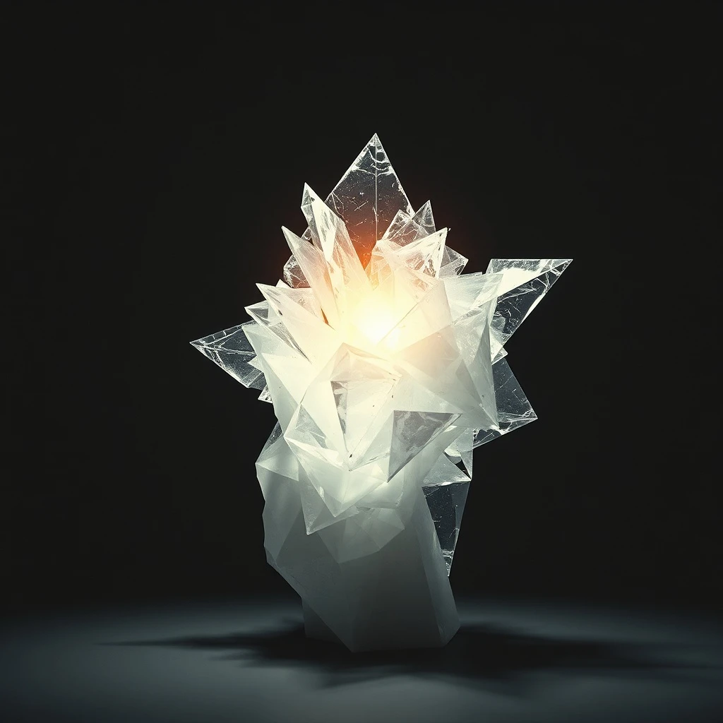Escultura abstracta fragmentada y brillante que representa la ansiedad, disolviéndose lentamente en un flujo de luz calmado dentro de un espacio minimalista oscuro. La luz proviene de una fuente digital distante e invisible, sugiriendo una intervención terapéutica.
