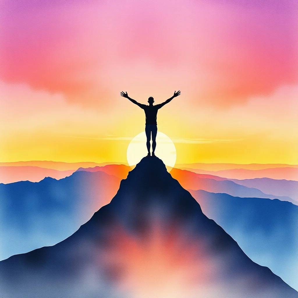 Pintura acuarela de una silueta abstracta de una persona en la cima de una montaña, simbolizando la superación y la libertad.