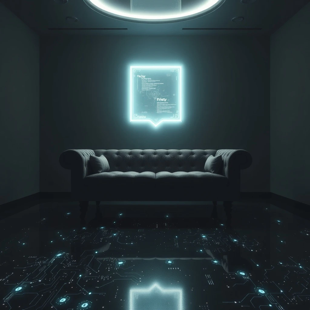 Fotografía cinematográfica de un diván de terapeuta antiguo en una habitación futurista y oscura, con un escudo holográfico de privacidad de datos flotando. Puntos de datos abstractos y patrones de circuitos luminosos en el suelo. Sin figuras humanas.