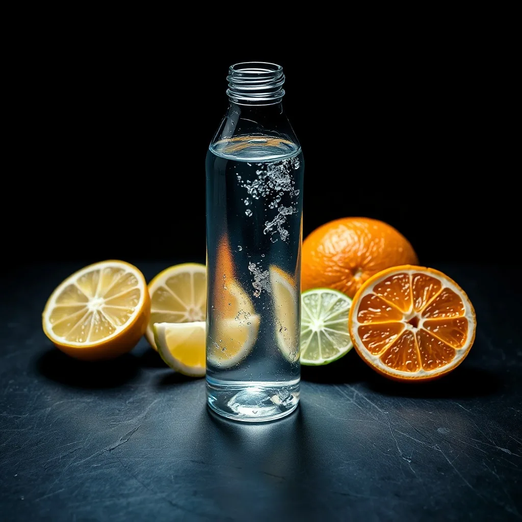 Botella de agua de cristal y cítricos en una superficie oscura, con iluminación dramática.