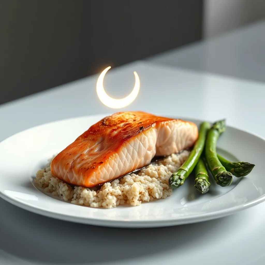Plato de salmón, quinoa y espárragos con un símbolo de luna creciente, en un render 3D.