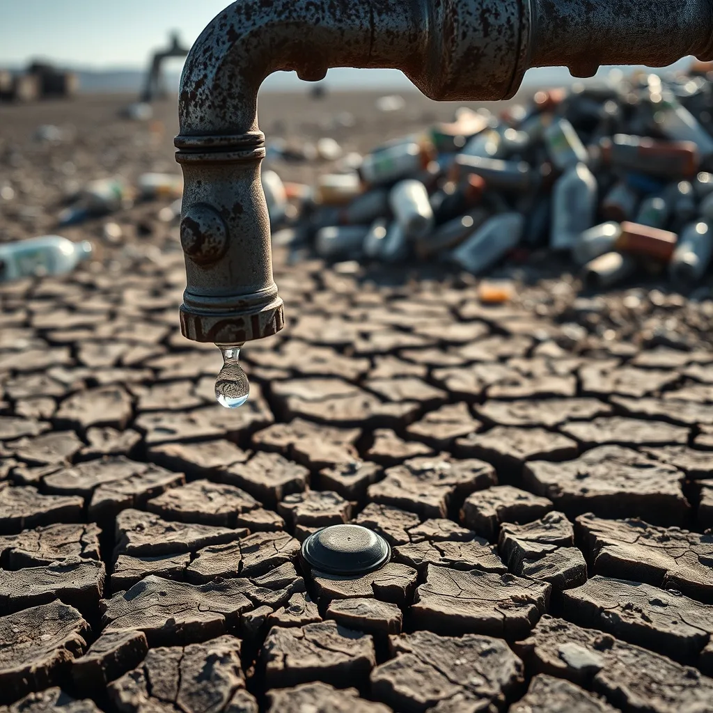 Imagen de un grifo roto goteando en un suelo árido y agrietado, con desechos industriales y plásticos en el fondo, simbolizando la escasez y contaminación del agua.