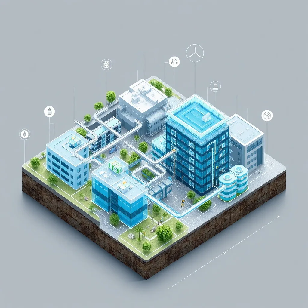 Ilustración de un plano arquitectónico detallado de un sistema urbano de gestión sostenible del agua, con elementos como recolección de lluvia y reciclaje de aguas grises.