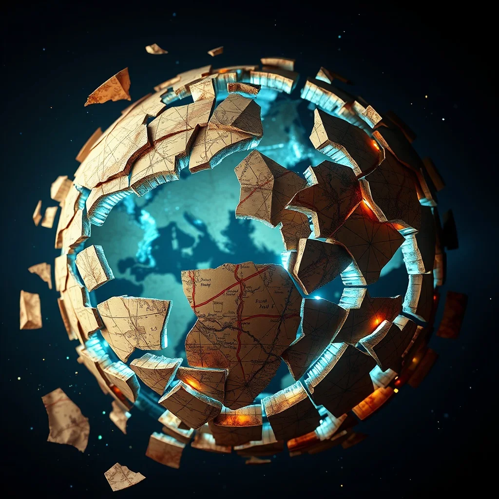 Globo terráqueo pixelado y roto, con fragmentos de circuitos y mapas antiguos, simbolizando la fusión de estructuras de poder tradicionales con la tecnología digital.