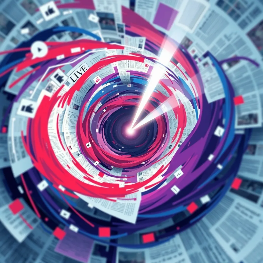 Vortex abstracto de colores con recortes de periódicos y símbolos de redes sociales, iluminado por un rayo de luz, representando la guerra de información.