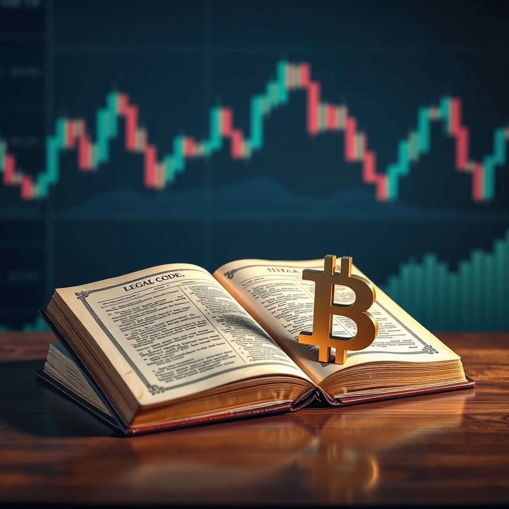 Libro de códigos legales abierto junto a una escultura de Bitcoin, con gráficos financieros borrosos de fondo.