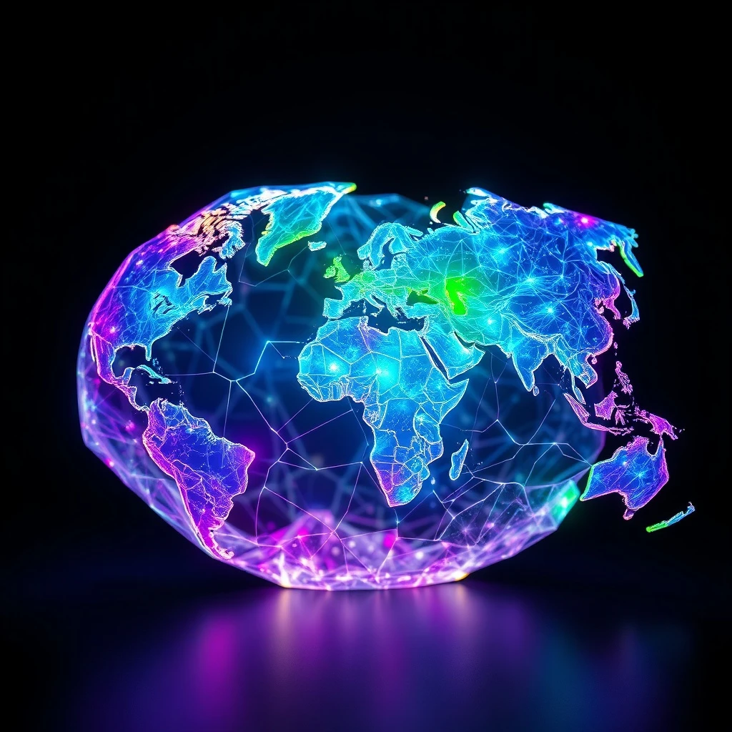 Mapa mundial de vidrio fracturado con flujos de datos digitales, simbolizando la fragmentación y la búsqueda de armonización regulatoria.