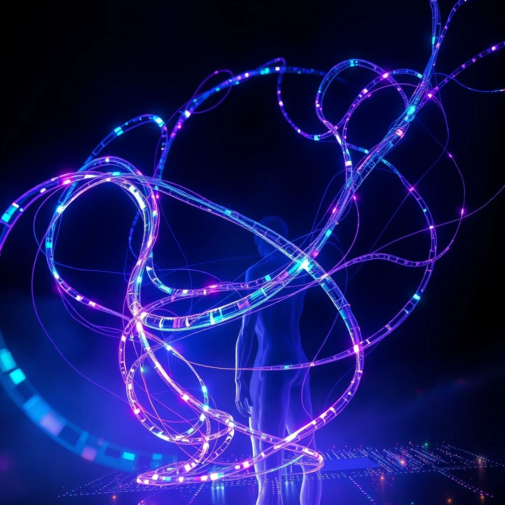 Arte conceptual de cintas de luz representando flujos de datos convergiendo en una figura humana.